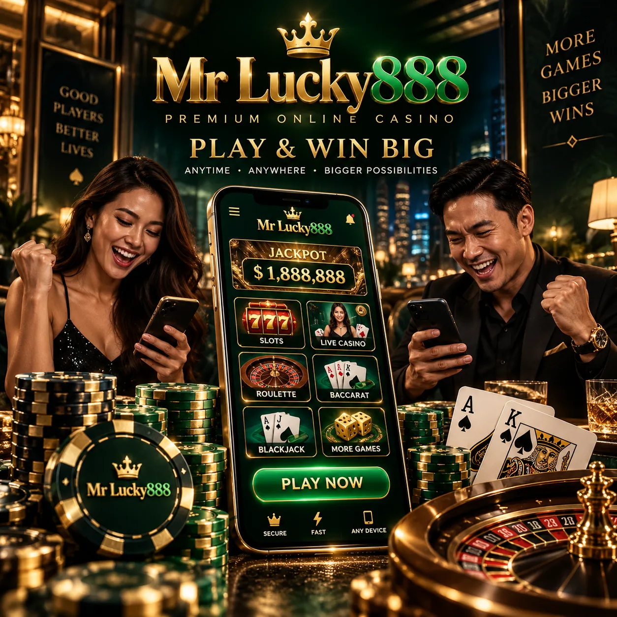 Mr Lucky888 mobile casino games promotional banner